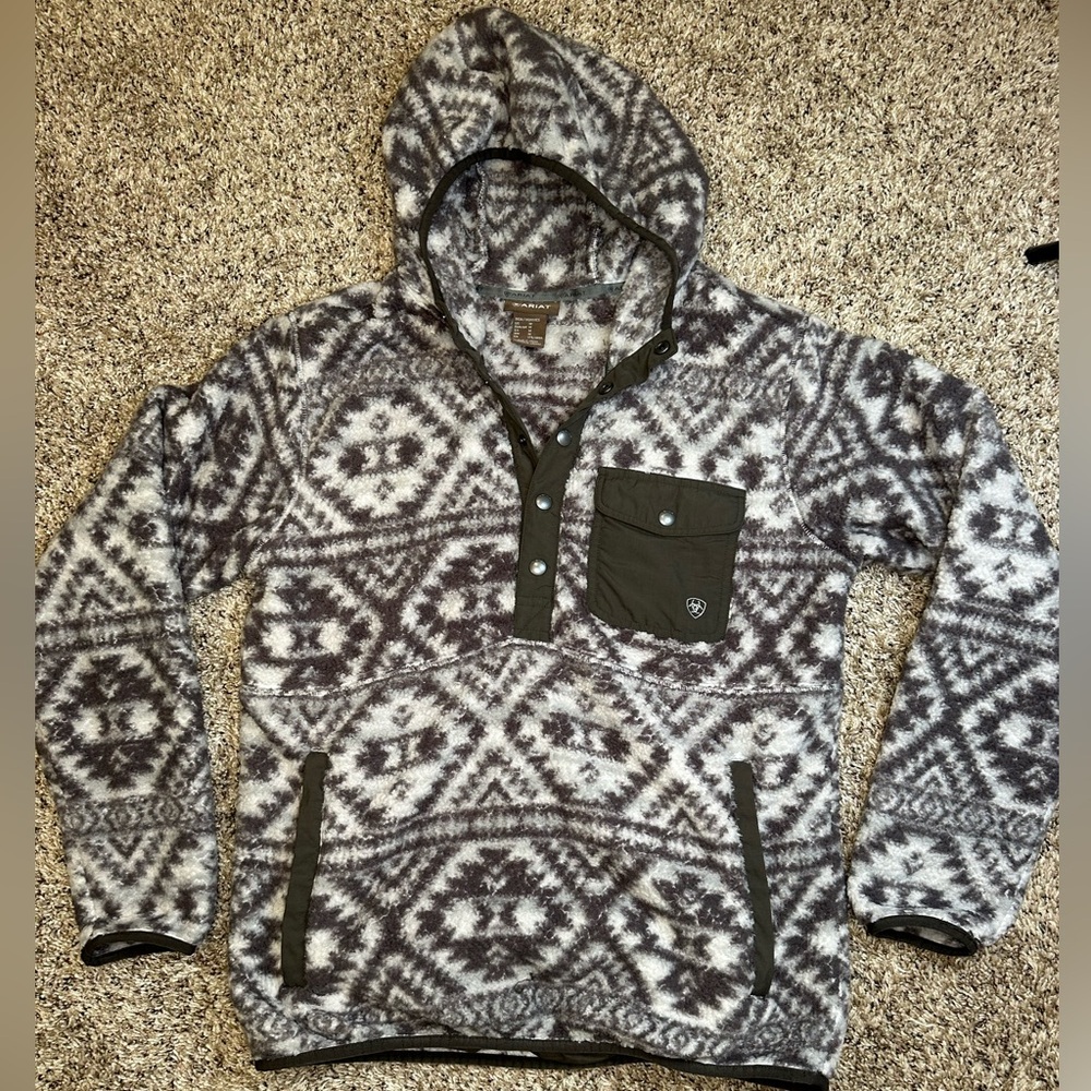 Ariat Brown and White‎ Mens Fleece Medium Partial Snap Up Jacket Worn Once